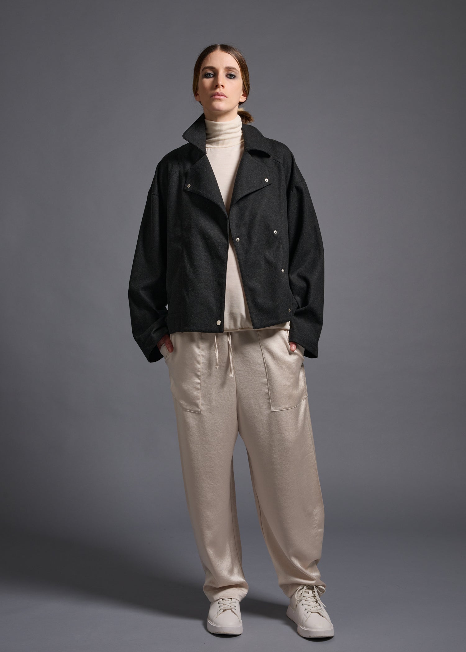 oversized biker jacket, charcoal, cogthebigsmoke, one size fits all, sustainable fashion, less is more, made in Japan, quiet luxury, minimalist