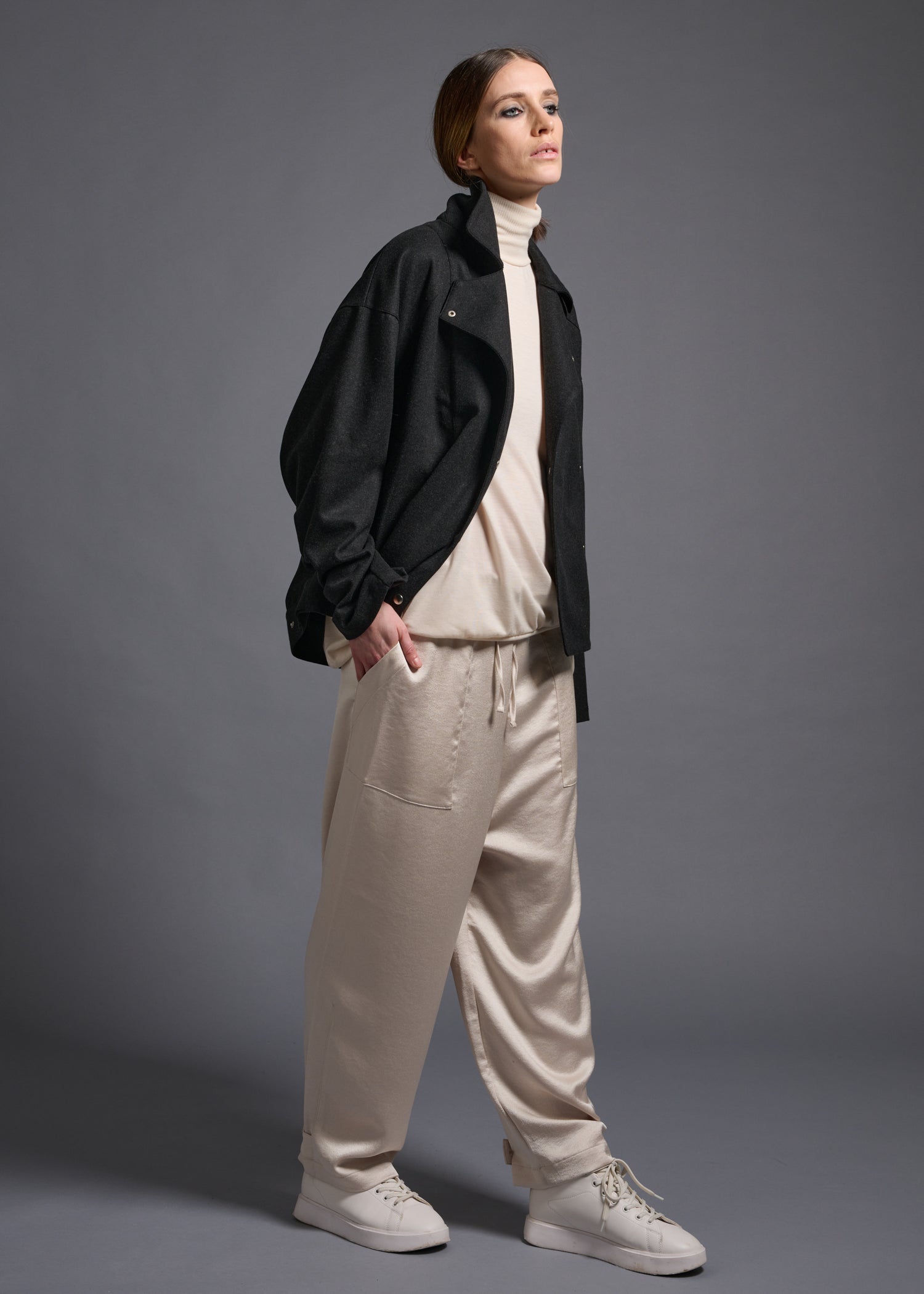 oversized biker jacket, charcoal, cogthebigsmoke, one size fits all, sustainable fashion, less is more, made in Japan, quiet luxury, minimalist