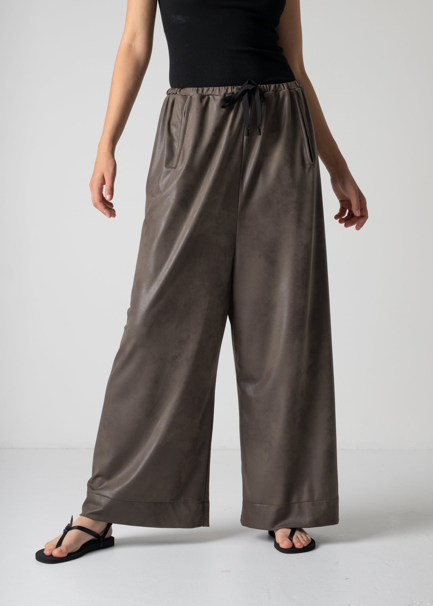 super loose trousers, dark brown, vegan leather, cogthebigsmoke, one size fits all, sustainable fashion, less is more, made in Japan, quiet luxury, minimalist