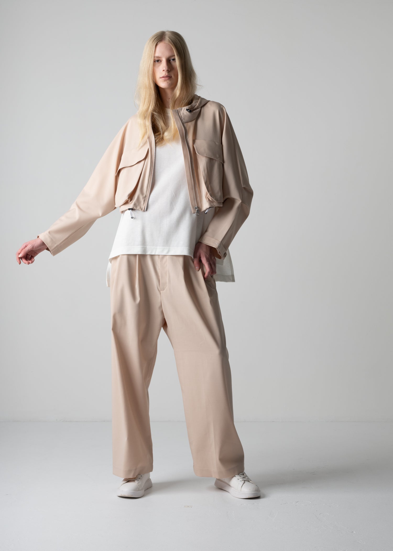 cogthebigsmoke over sized, hooded parka, peach colour, one size clothing, London, minimalist, womenswear, made in Japan, sustainable fashion, modern basics, quiet luxury