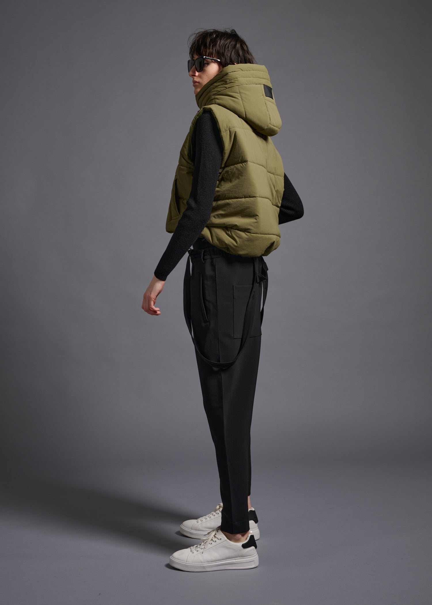 hoody cropped vest, matcha, cogthebigsmoke, one size fits all, sustainable fashion, less is more, made in Japan, quiet luxury, minimalist