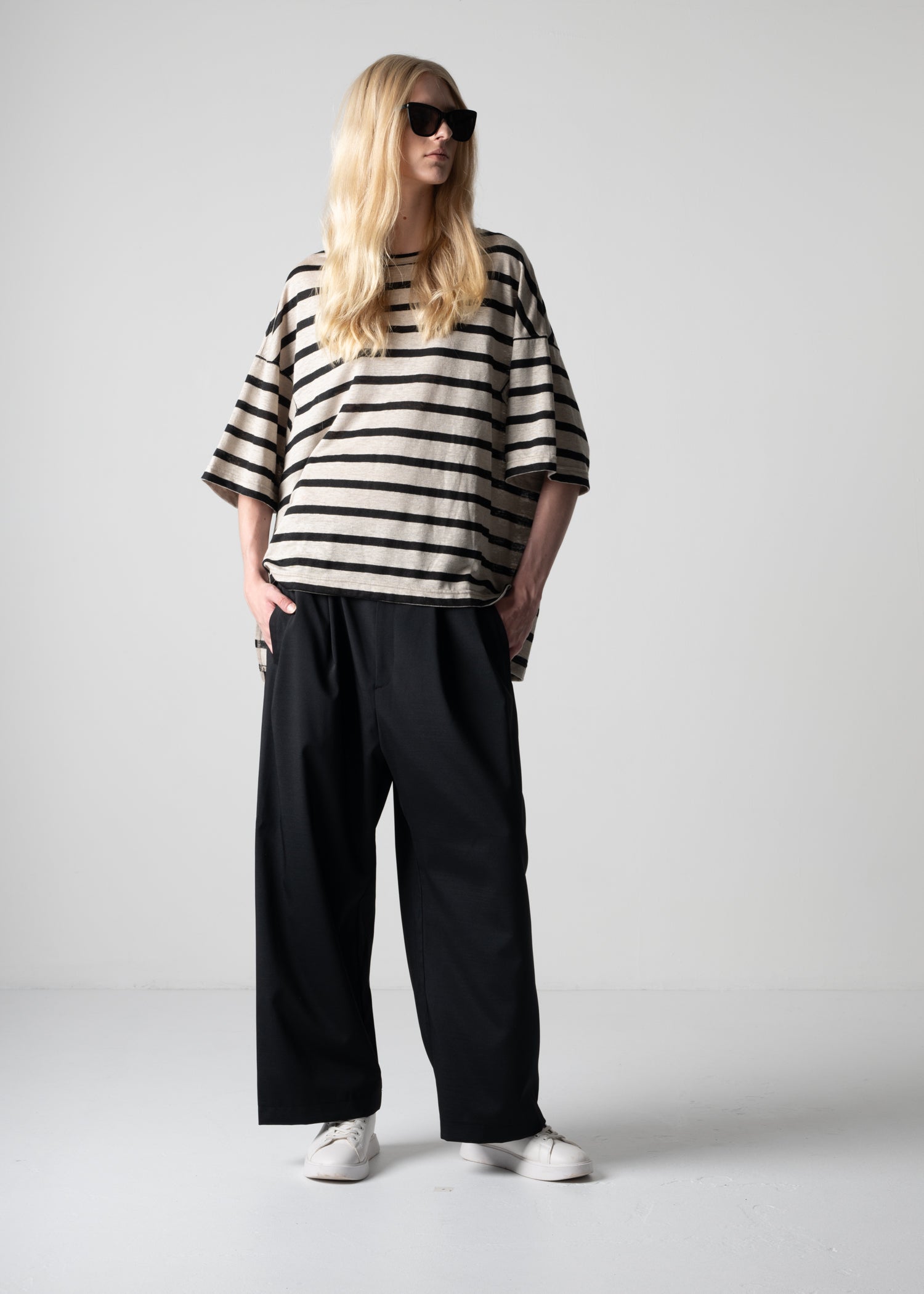 oversized T-shirt, crew neck, ecru black stripe, cogthebigsmoke, one size fits all, sustainable fashion, less is more, made in Japan, quiet luxury, minimalist