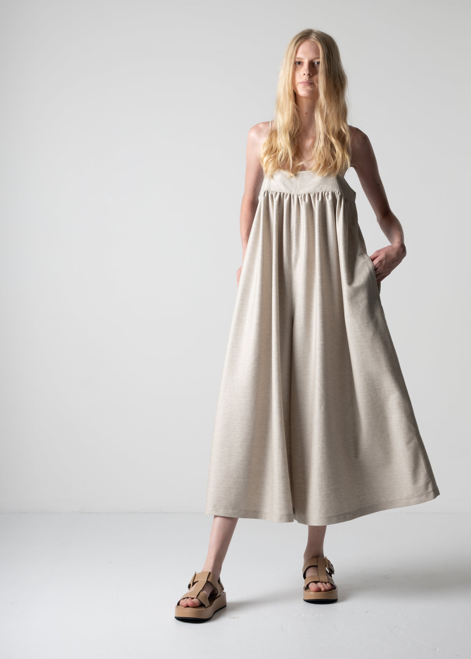 Spaghetti strap overalls, ecru, cogthebigsmoke, one size fits all, sustainable fashion, less is more, made in Japan, quiet luxury, minimalist