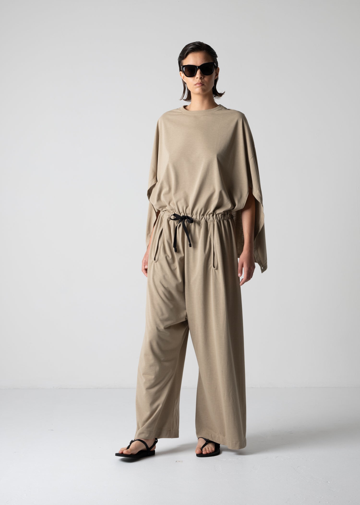 wide-leg jumpsuit, beige, cogthebigsmoke, one size fits all, sustainable fashion, less is more, made in Japan, quiet luxury, minimalist