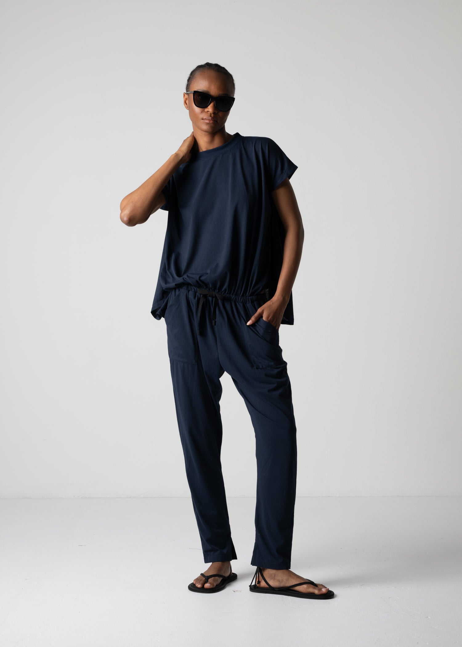 french sleeve jumpsuit, dark navy, cogthebigsmoke, one size fits all, sustainable fashion, less is more, made in Japan, quiet luxury, minimalist