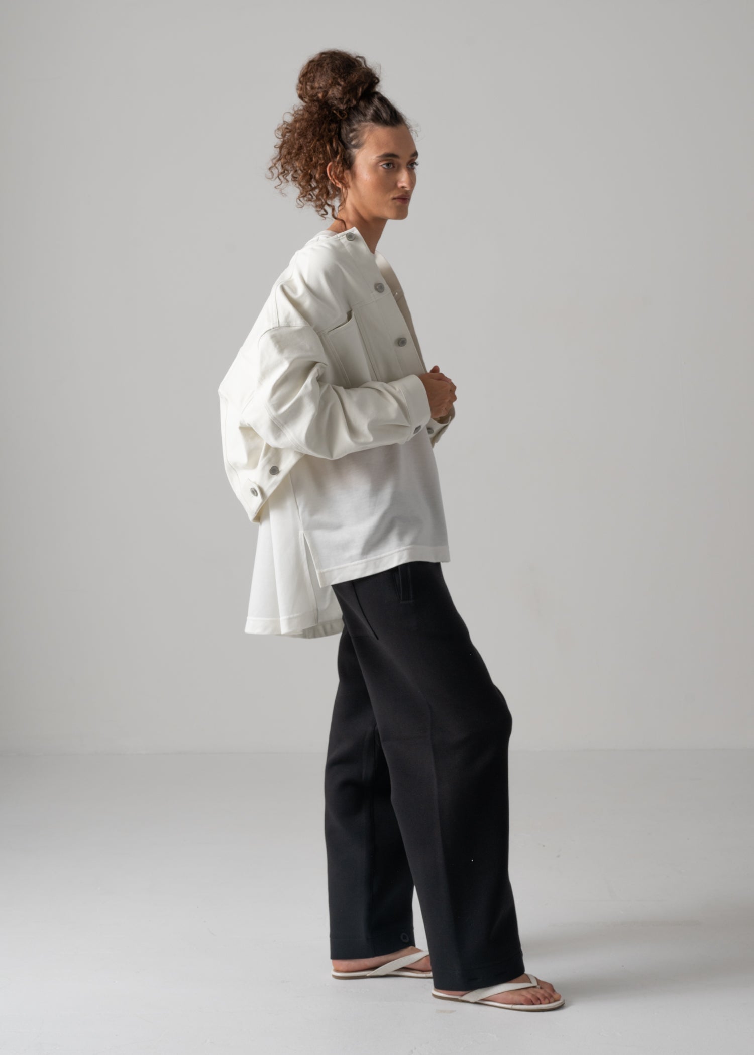 NIKKI COLLARLESS JACKET, Denim-like Jacket, Made in Japan