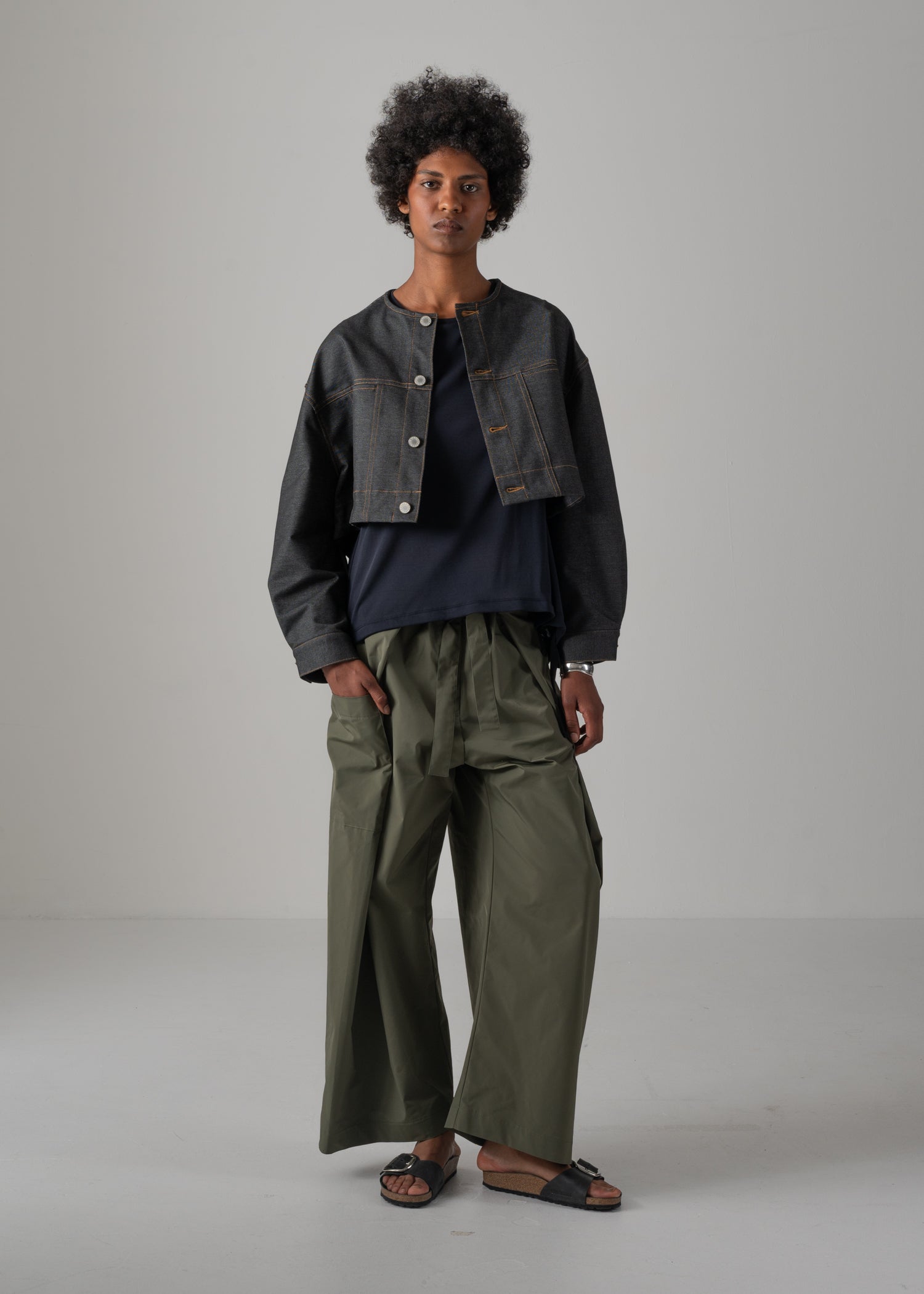 NIKKI COLLARLESS JACKET, Denim-like Jacket, Made in Japan