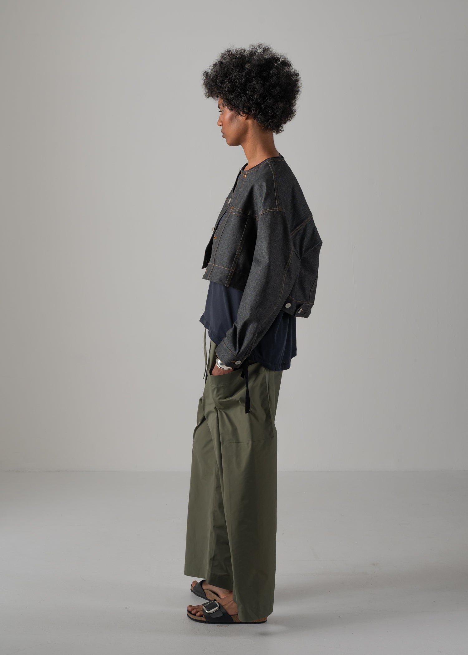 NIKKI COLLARLESS JACKET, Denim-like Jacket, Made in Japan