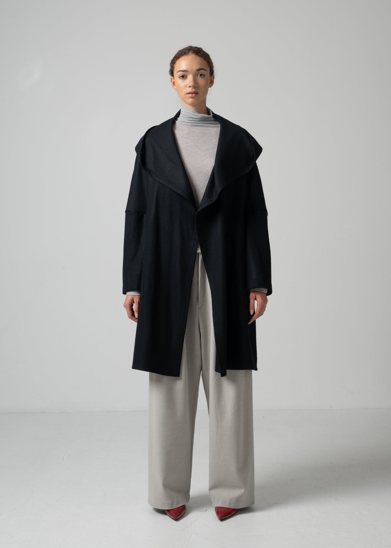 17 ORNELLA HOODED WRAP COAT / SUPER120S PURE WOOL SPONGY JERSEY - C15