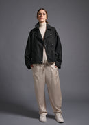 oversized biker jacket, charcoal, cogthebigsmoke, one size fits all, sustainable fashion, less is more, made in Japan, quiet luxury, minimalist