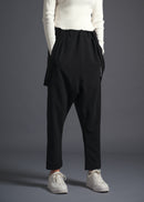 Tapered trousers with detachable shoulder straps, srouel silhouette, black, cogthebigsmoke, one size fits all, sustainable fashion, less is more, made in Japan, quiet luxury, minimalist