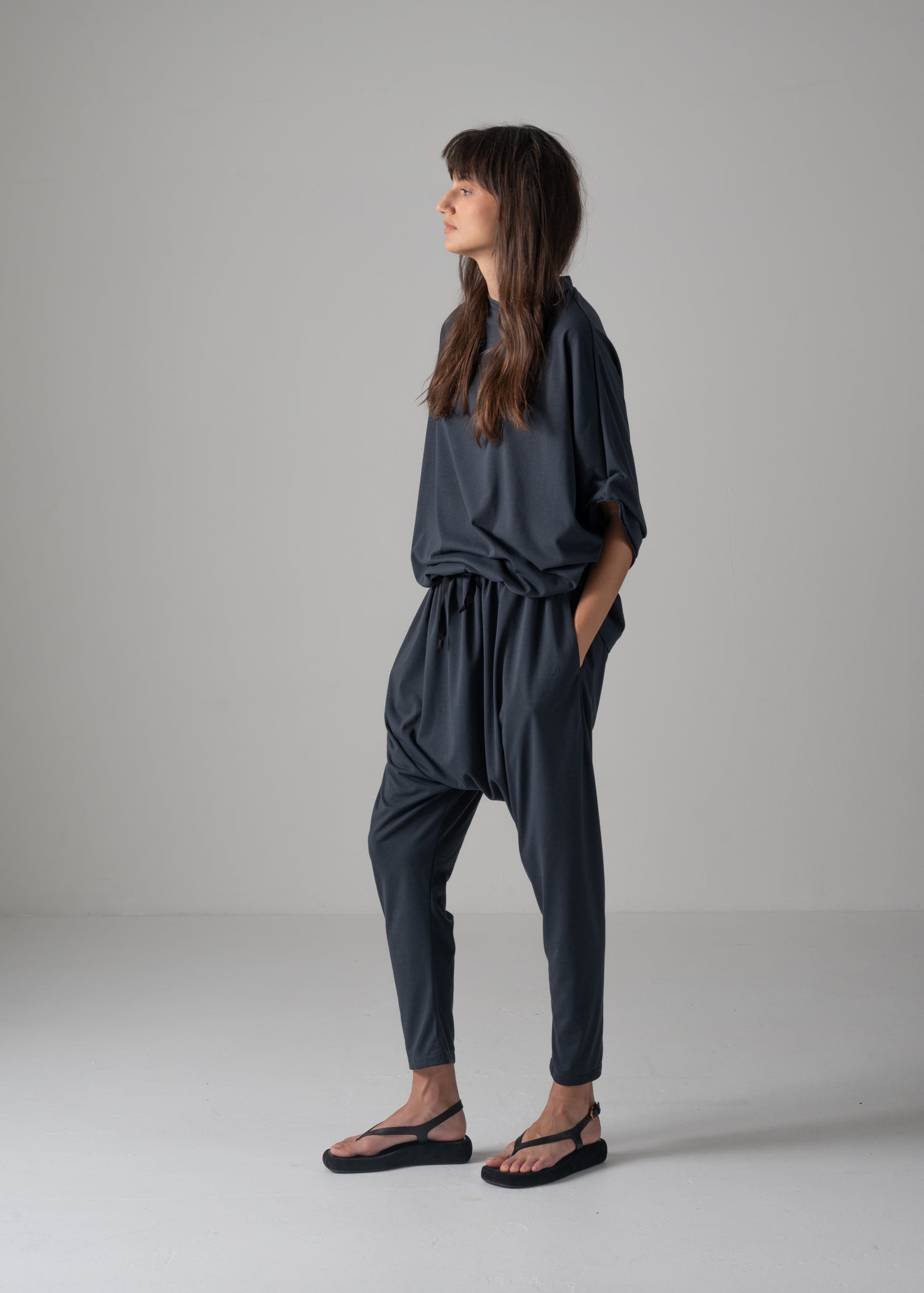 NUBIA TUCKED SLEEVE JUMPSUIT, Crew neck jumpsuit, Made in Japan