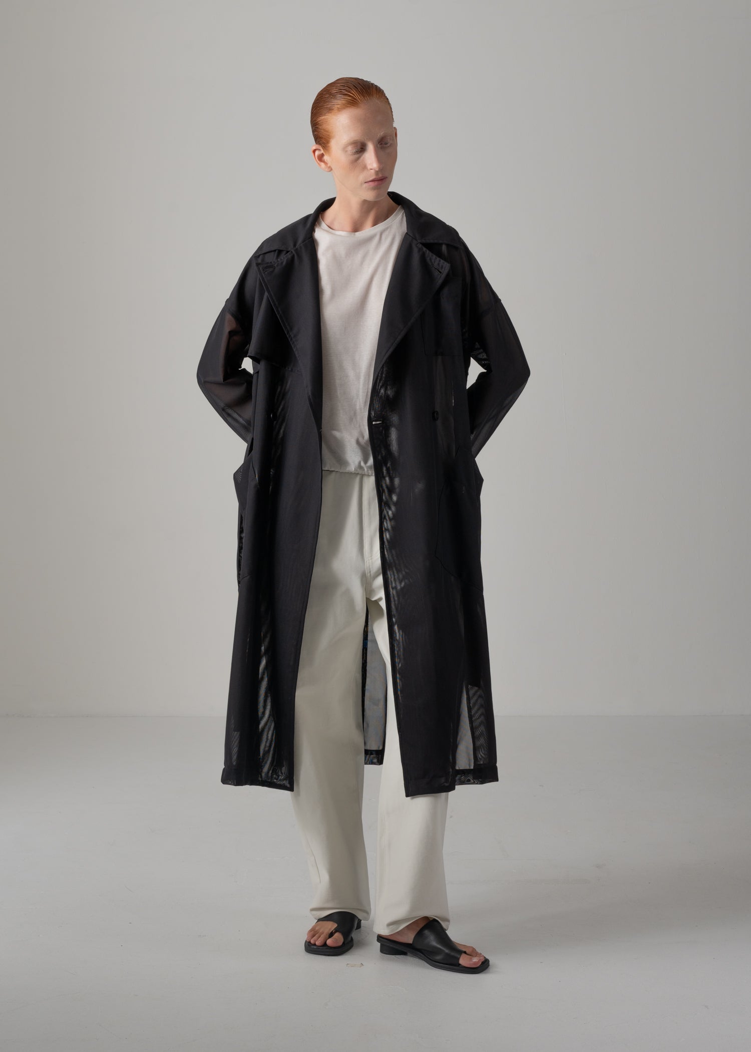 Double-breasted trench coat, black, cogthebigsmoke, made in Japan, one size fits all, sustainable fashion, capsule wardrobe essentials, quiet luxury, minimalist outfi